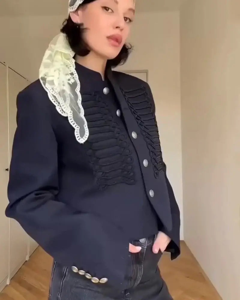 Women's Single-Breasted Short Jacket – Stand Collar - Color: Navy Blue | Valid Gate