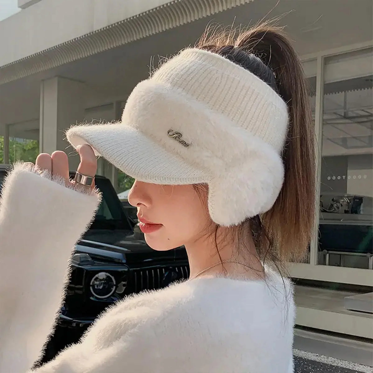 Windproof Knit Ear Wing Winter Hat with Ponytail Opening