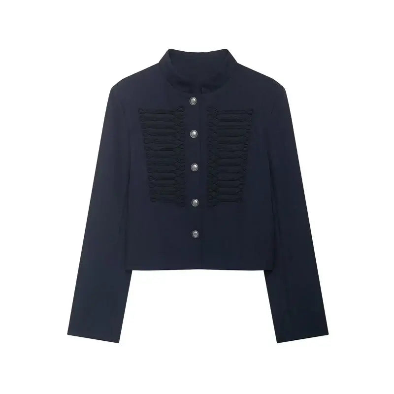 Women's Single-Breasted Short Jacket – Stand Collar - Color: Navy Blue | Valid Gate