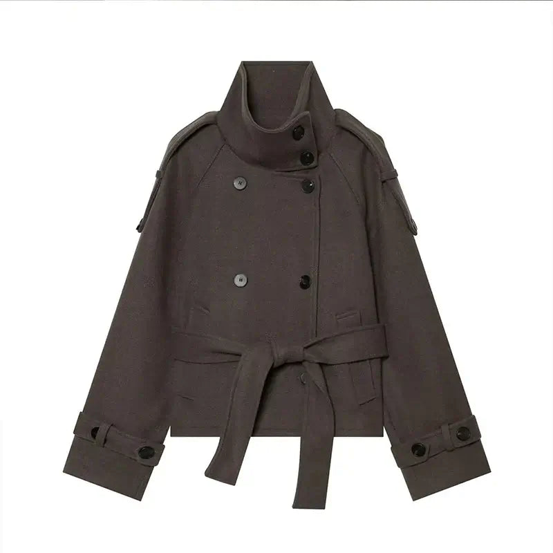 Women's Belted Woolen Jacket – Oversized Double-Breasted Coat - Color: Light brown | Valid Gate