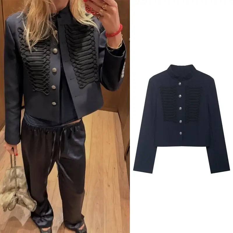 Women's Single-Breasted Short Jacket – Stand Collar - Color: Navy Blue | Valid Gate