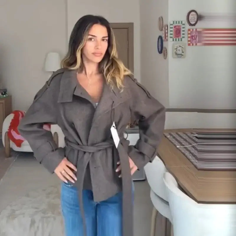 Women's Belted Woolen Jacket – Oversized Double-Breasted Coat - Color: Light brown | Valid Gate