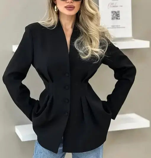 Women's Slim-Fit V-Neck Blazer Coat – Long Sleeve - Color: Black | Valid Gate
