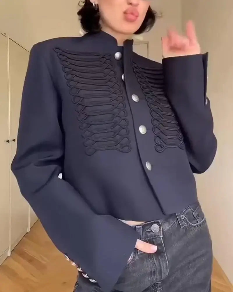 Women's Single-Breasted Short Jacket – Stand Collar - Color: Navy Blue | Valid Gate