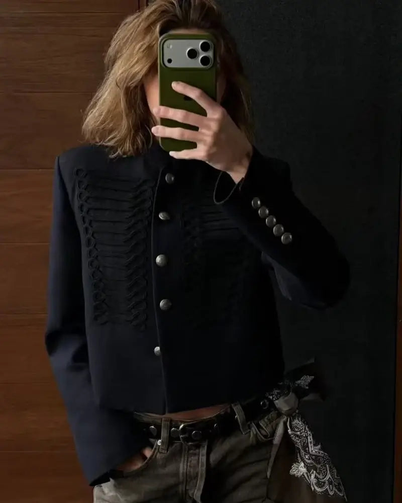 Women's Single-Breasted Short Jacket – Stand Collar - Color: Navy Blue | Valid Gate