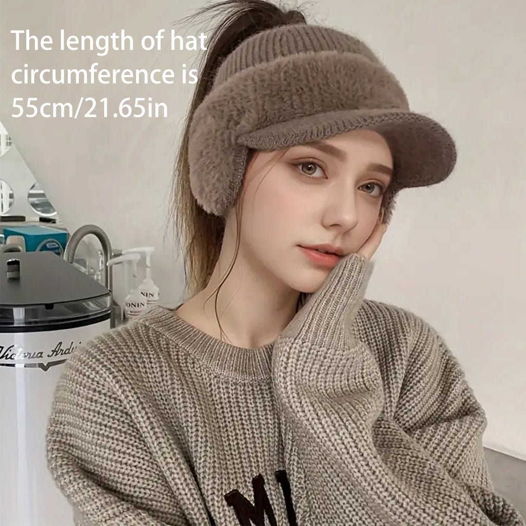 Windproof Knit Ear Wing Winter Hat with Ponytail Opening