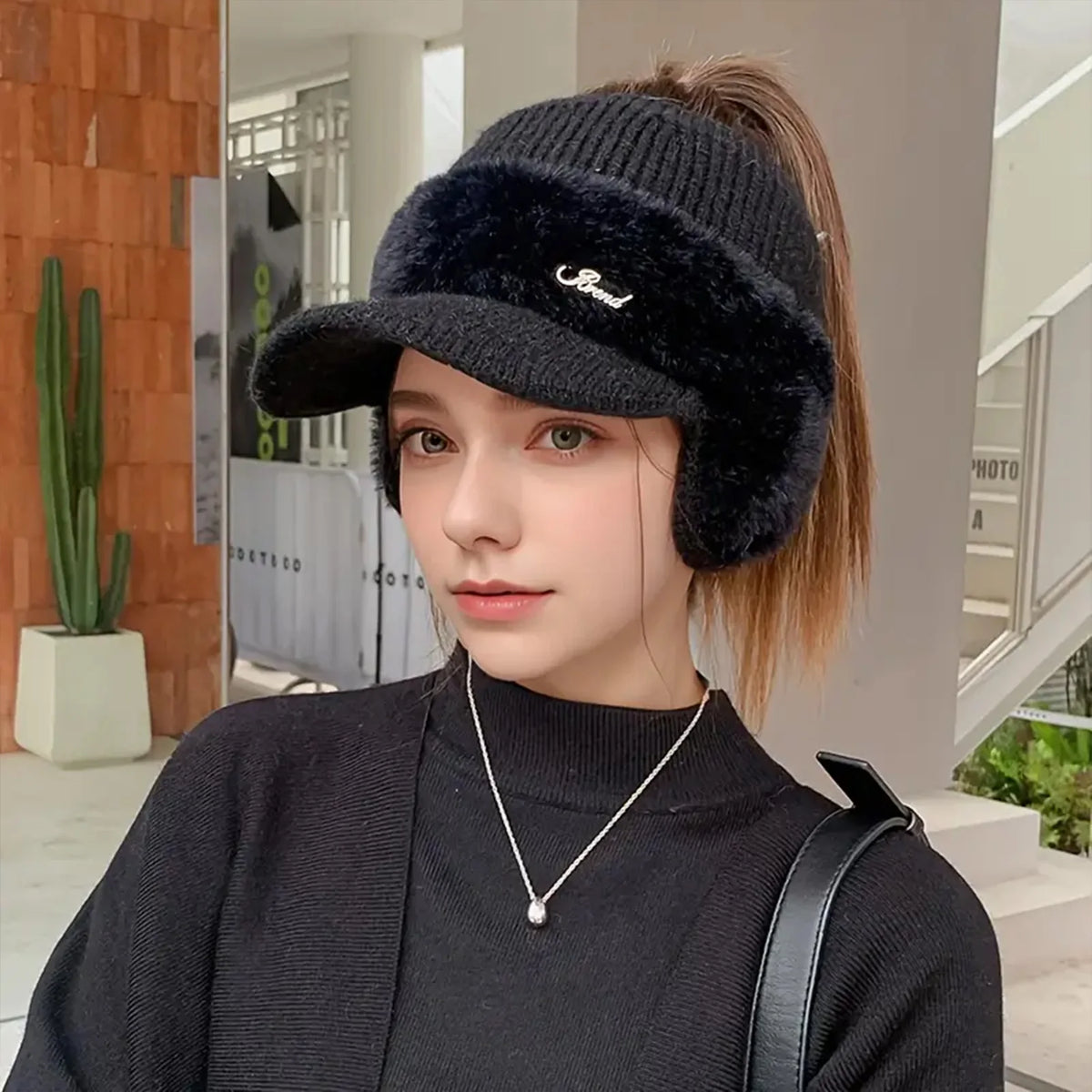 Windproof Knit Ear Wing Winter Hat with Ponytail Opening