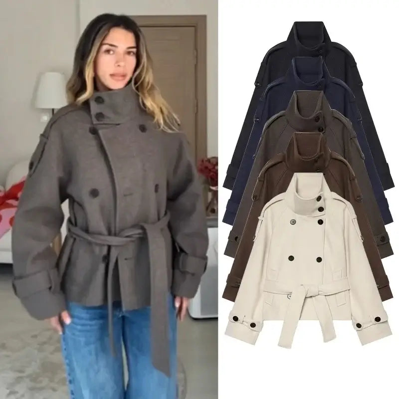 Women's Belted Woolen Jacket – Oversized Double-Breasted Coat - Color: Light brown | Valid Gate