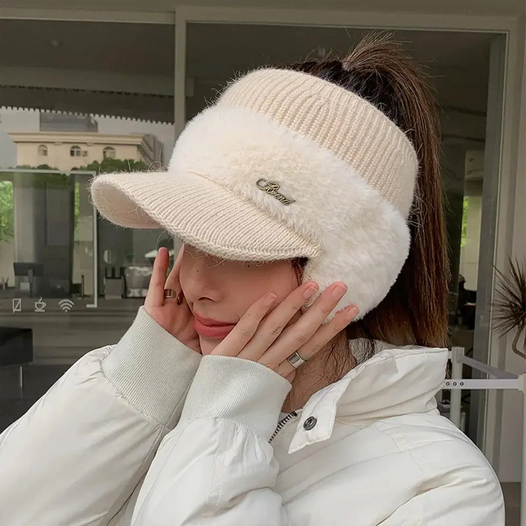 Windproof Knit Ear Wing Winter Hat with Ponytail Opening