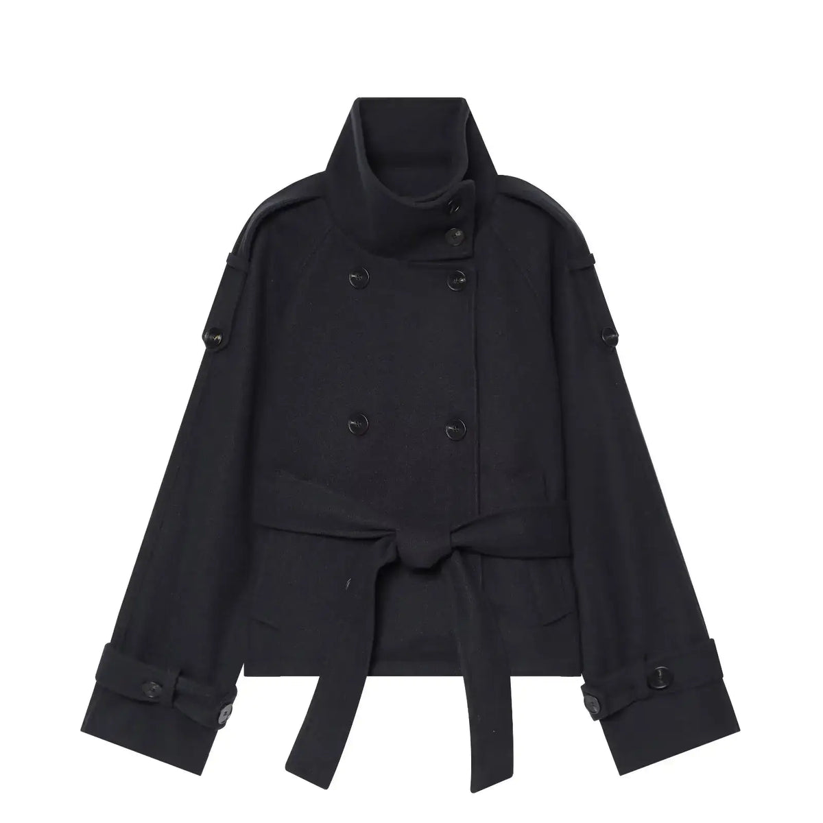 Women's Belted Woolen Jacket – Oversized Double-Breasted Coat - Color: Black | Valid Gate