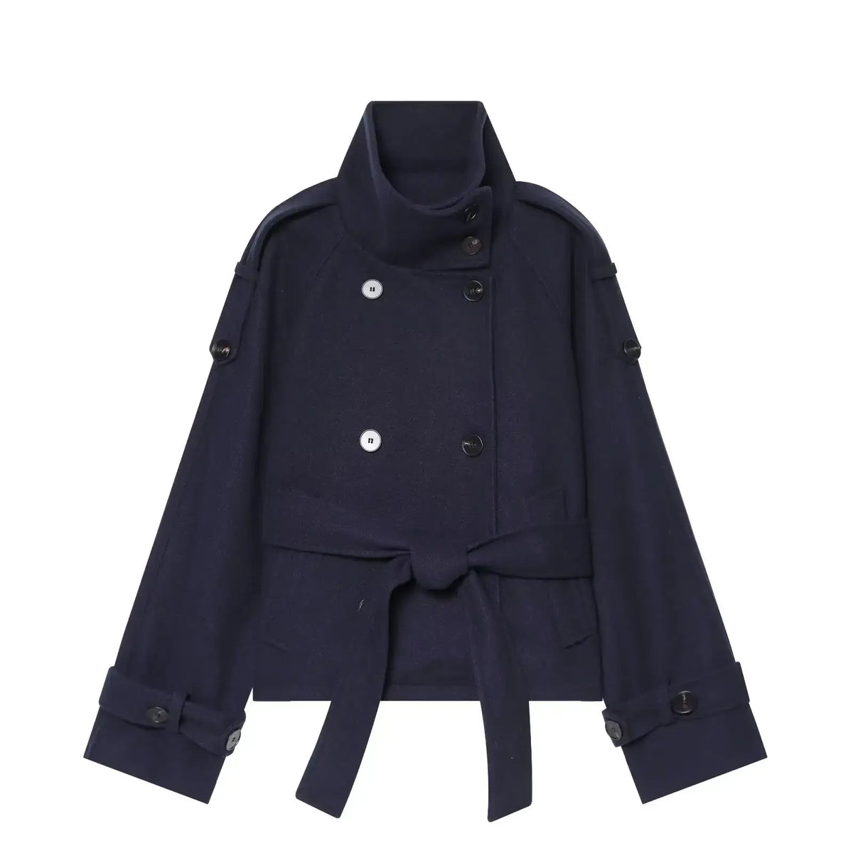 Women's Belted Woolen Jacket – Oversized Double-Breasted Coat - Color: Navy Blue | Valid Gate