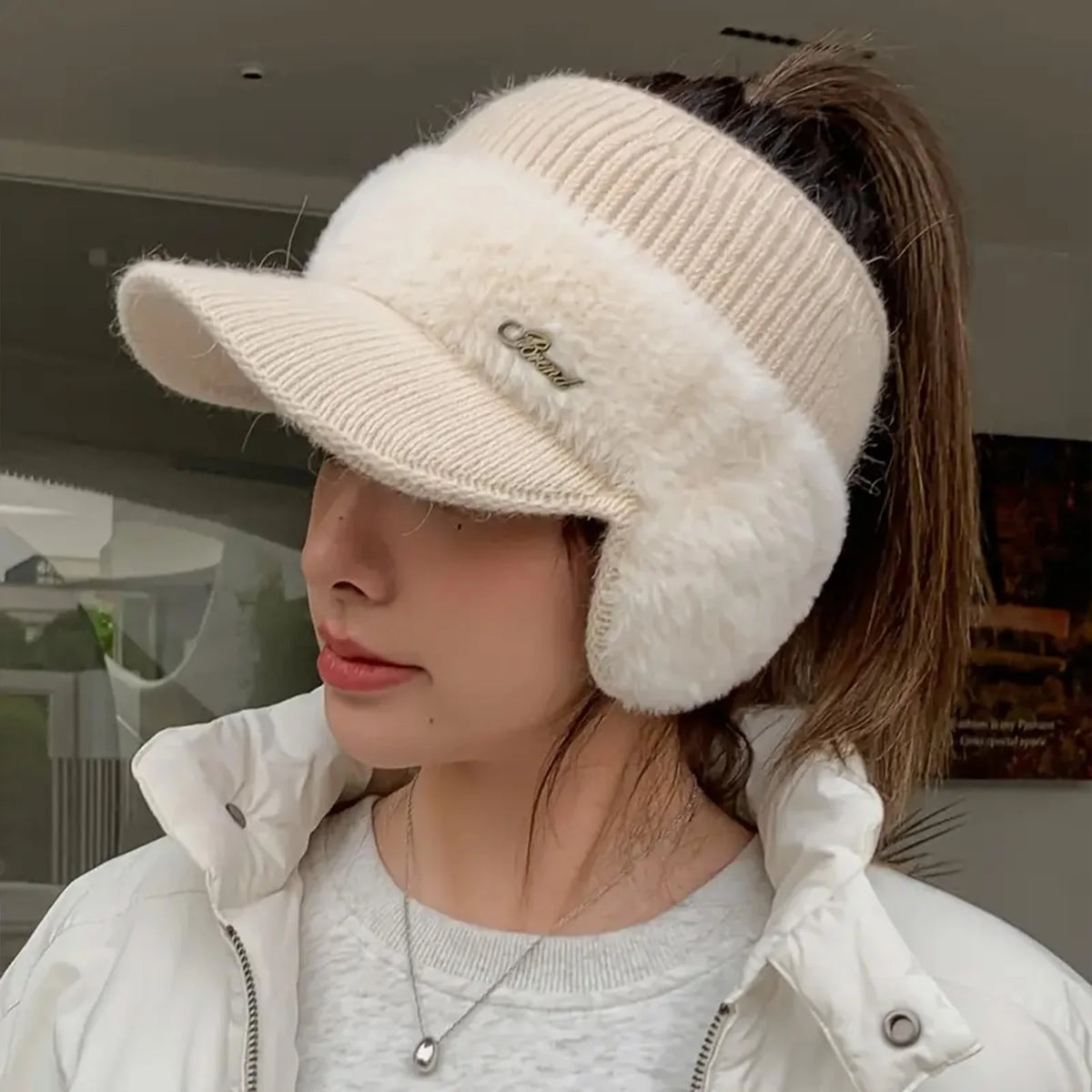 Windproof Knit Ear Wing Winter Hat with Ponytail Opening
