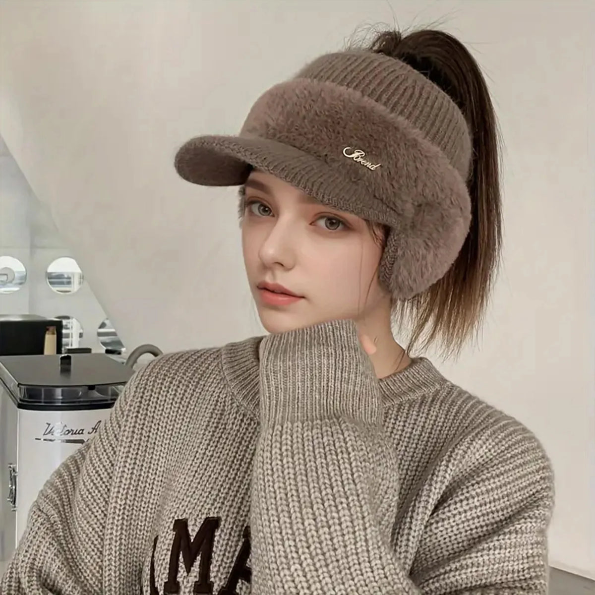 Windproof Knit Ear Wing Winter Hat with Ponytail Opening