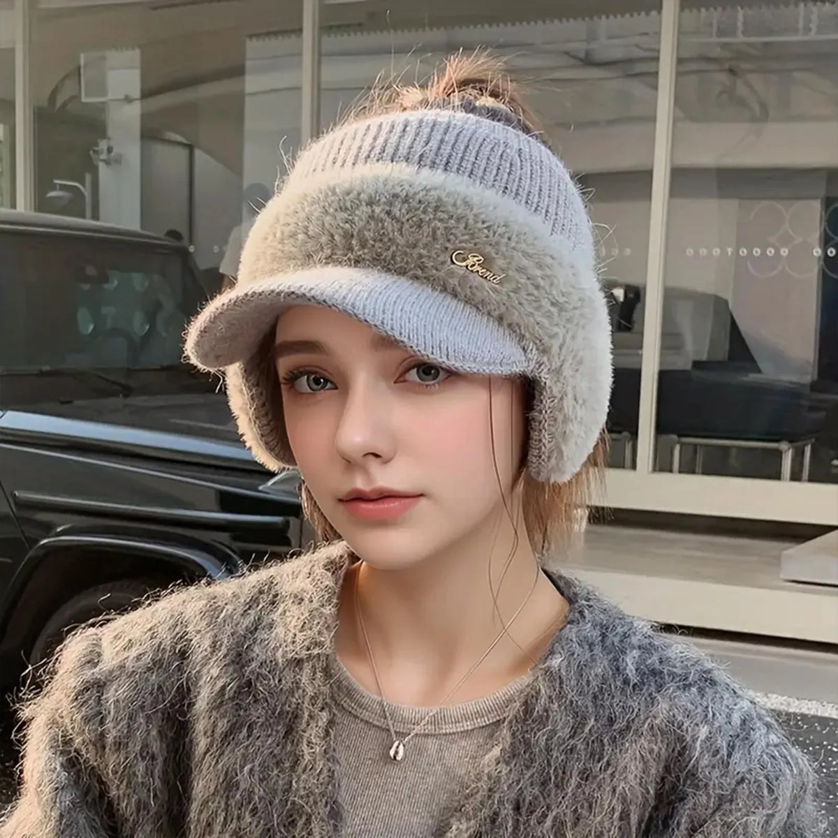 Windproof Knit Ear Wing Winter Hat with Ponytail Opening