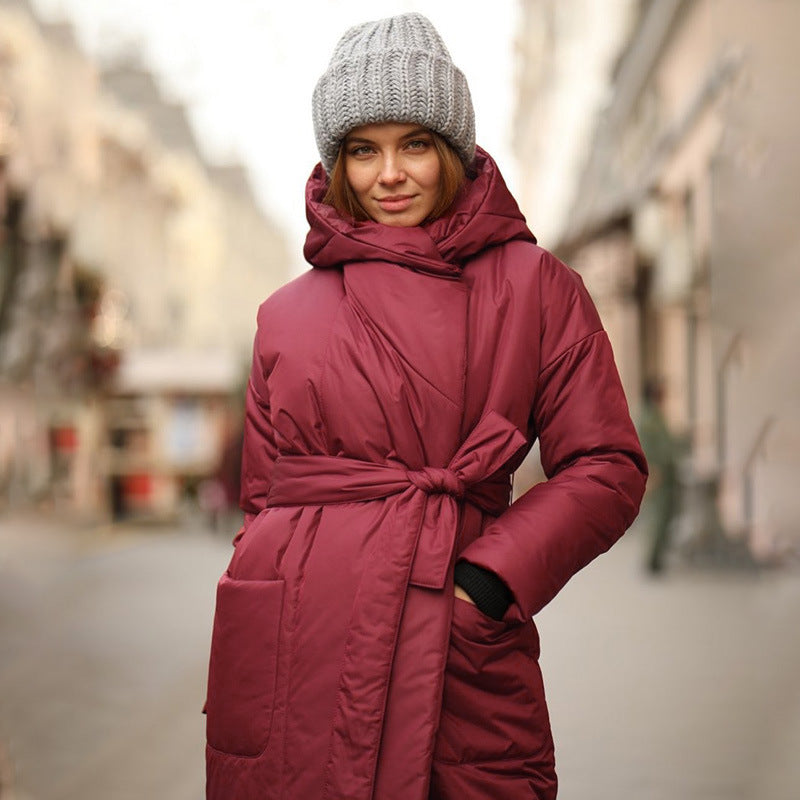 Women's Hooded Cotton-Padded Belt Jacket